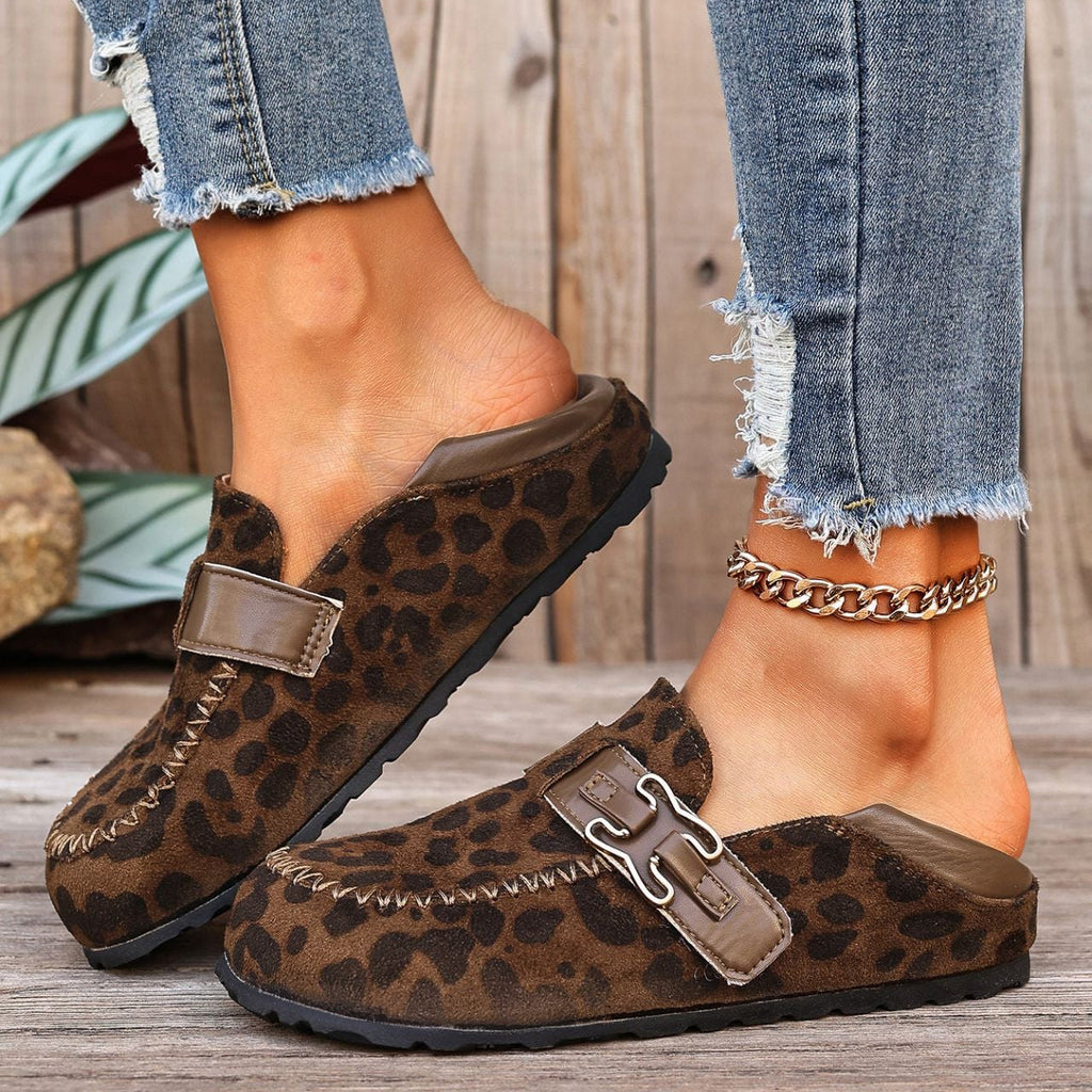 Women's Suede Buckle Mule Loafers - Leopard Print & Solid Casual Slip-On Shoes