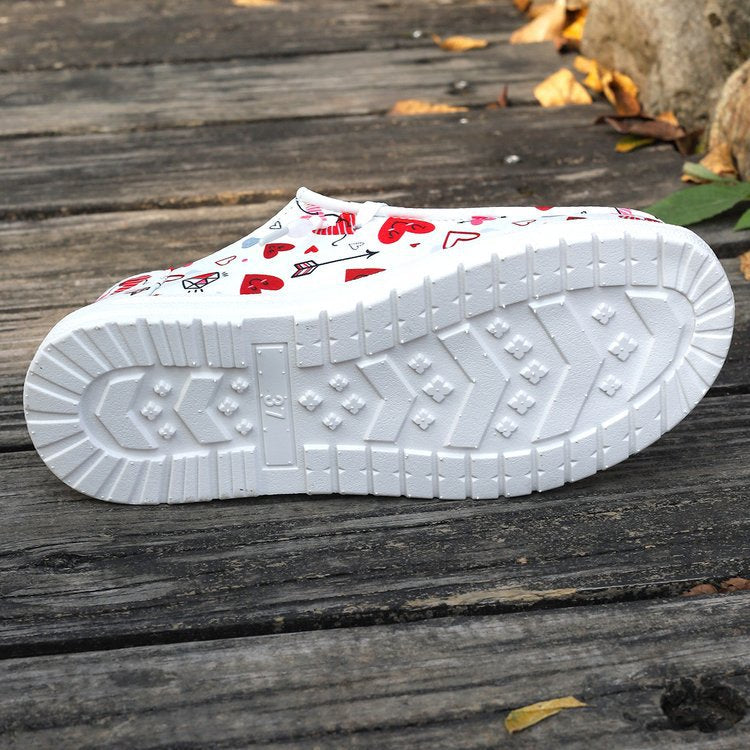 Women's Heart Print Canvas Slip-On Loafers - Casual Comfort Shoes