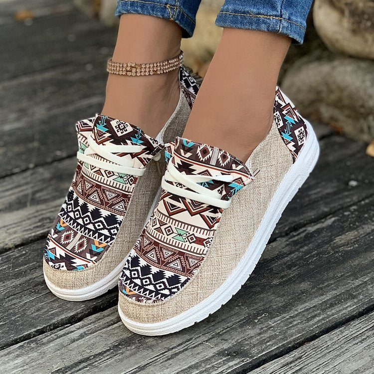 Women's Ethnic Aztec Canvas Sneakers - Tribal Print Casual Slip-On Shoes