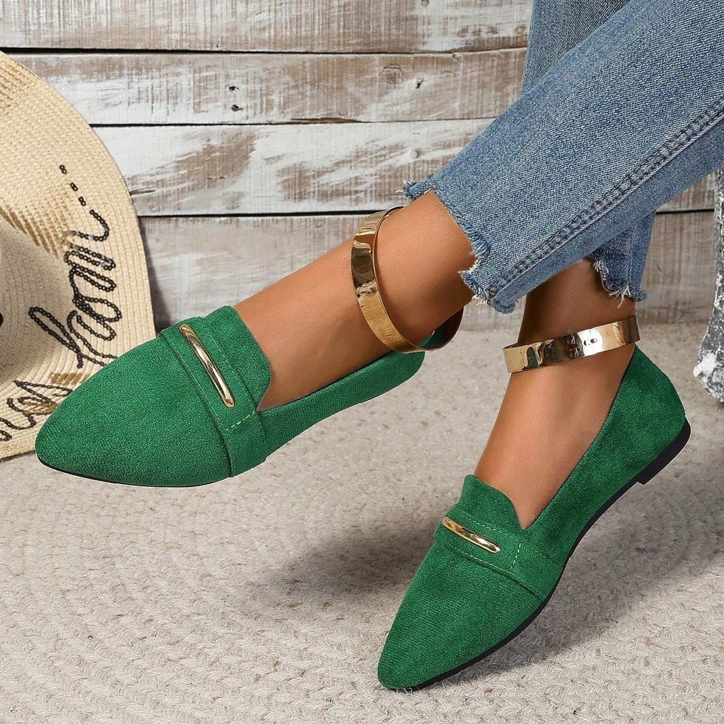 Women's Pointed Toe Loafers with Gold Metal Bar – Suede Ankle Strap Flats Comfortable Slip-On Shoes
