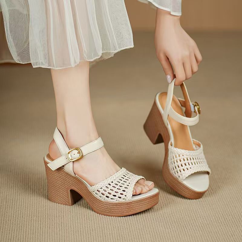 Women's 8CM Platform Chunky Heel Sandals - Woven Open Toe Slingback Shoes with Ankle Strap