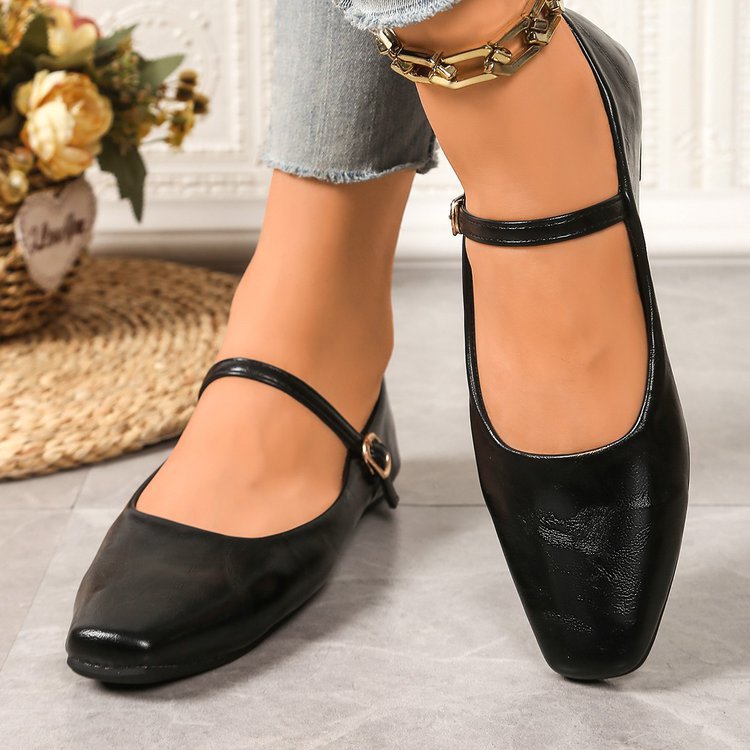 Women's Square Toe Mary Jane Flats with Ankle Strap – Classic Buckle Slip-On Casual Shoes