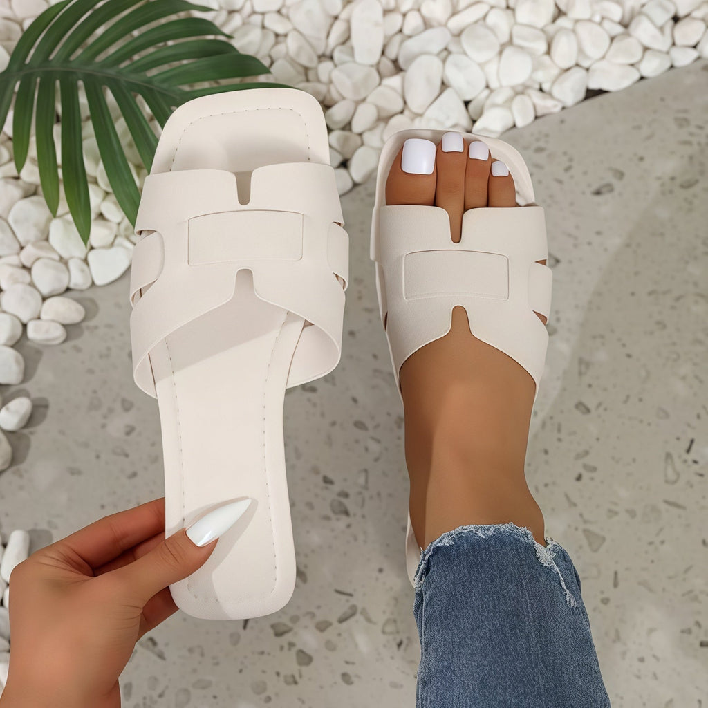 Women's Chunky Slide Sandals - Wide Strap Flat Block Heel Mules