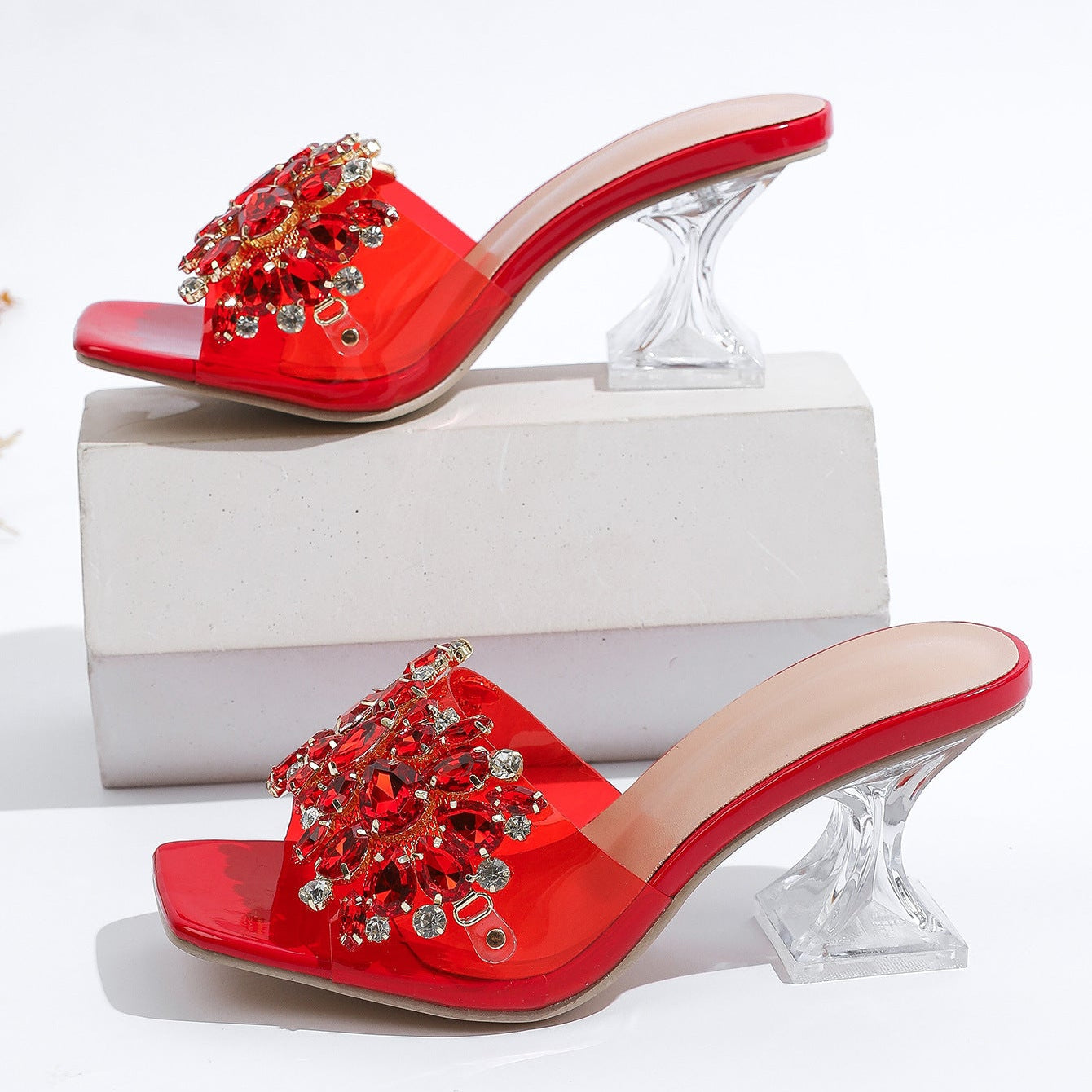Sparkle Square Toe Clear Heeled Sandals – Rhinestone Embellished Transparent Mules