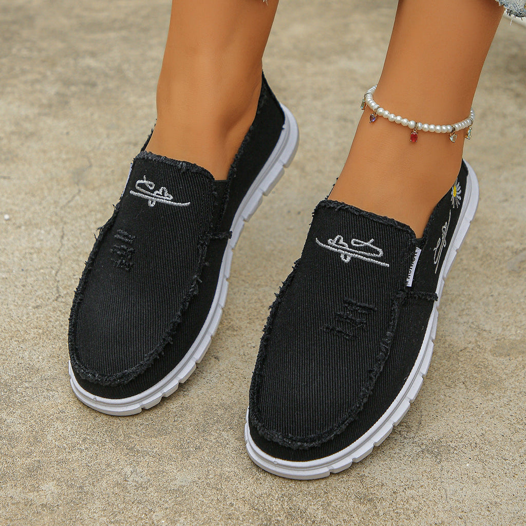 Women's Distressed Canvas Slip-On Loafers - Skateboard Embroidered Casual Shoes