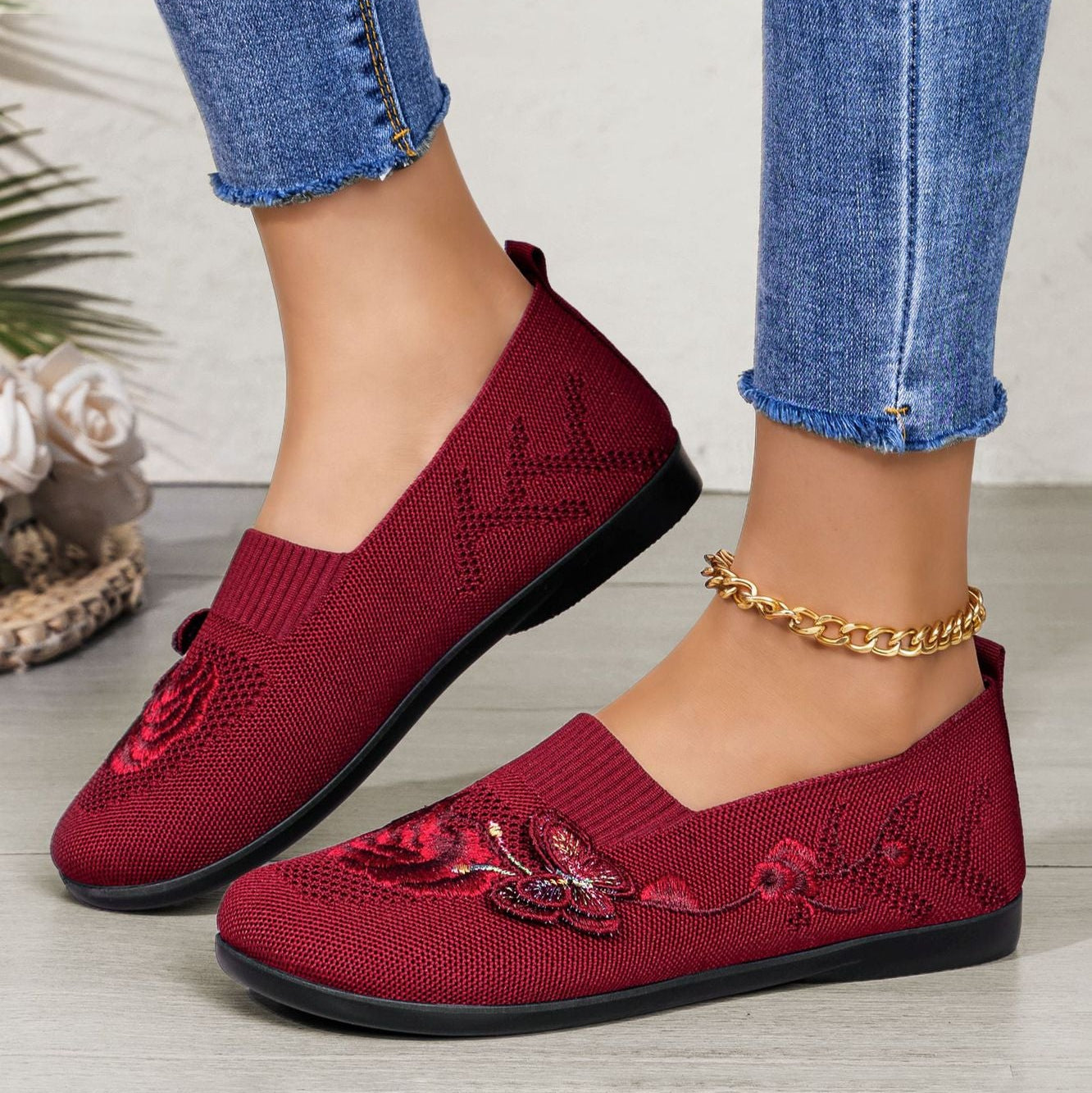 Women's Embroidered Knit Slip-On Shoes – Breathable Butterfly Casual Flats
