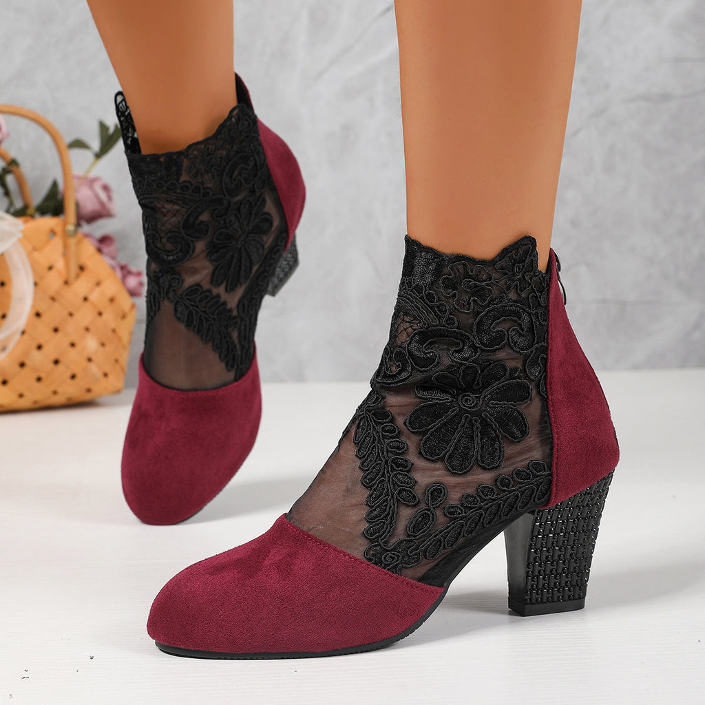 Elegant Lace Suede Ankle Boots – Floral Embroidered Block Heel Booties with Rhinestone Detail