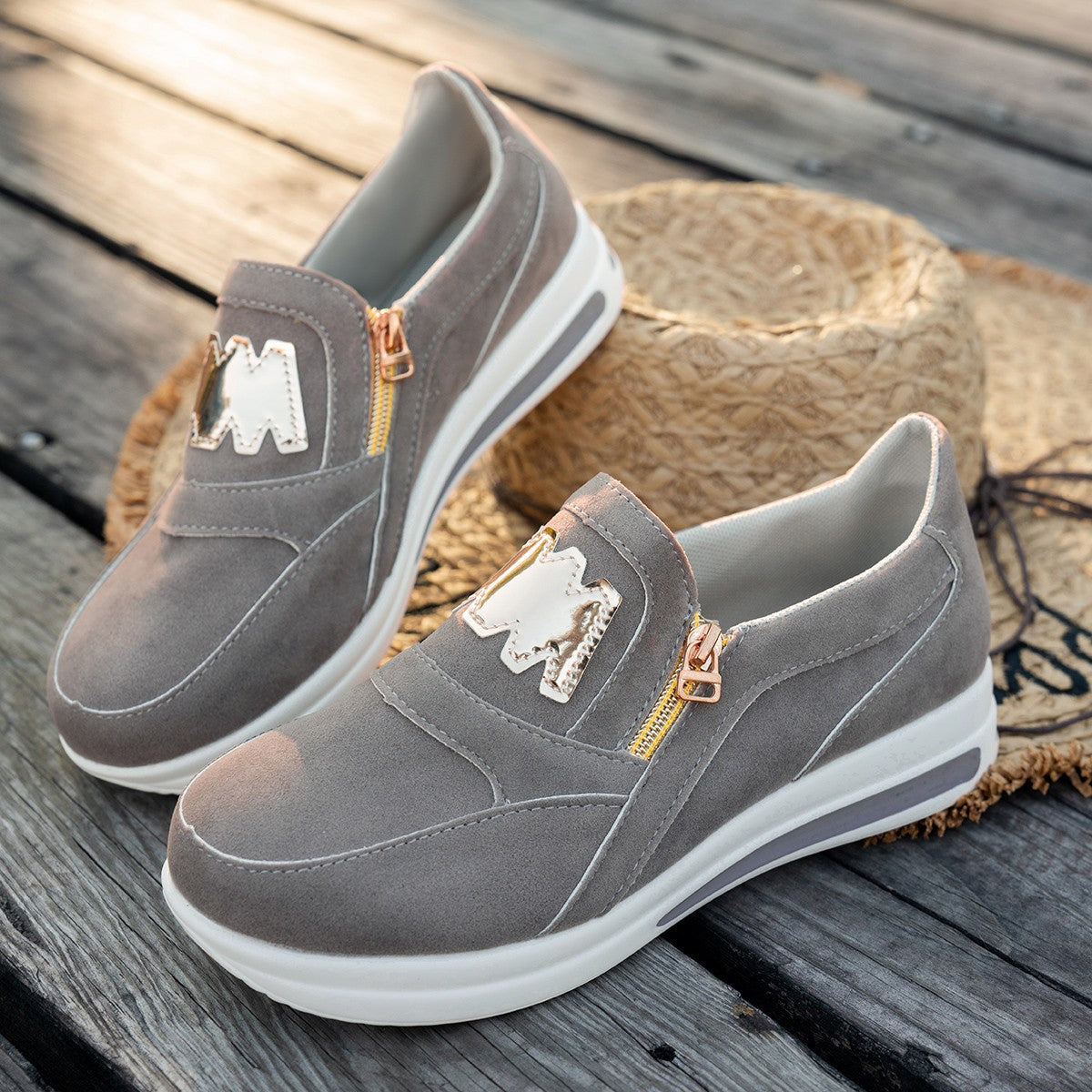 Women's Slip-On Platform Sneakers with Zipper & Metallic Accent - Casual Wedge Shoes