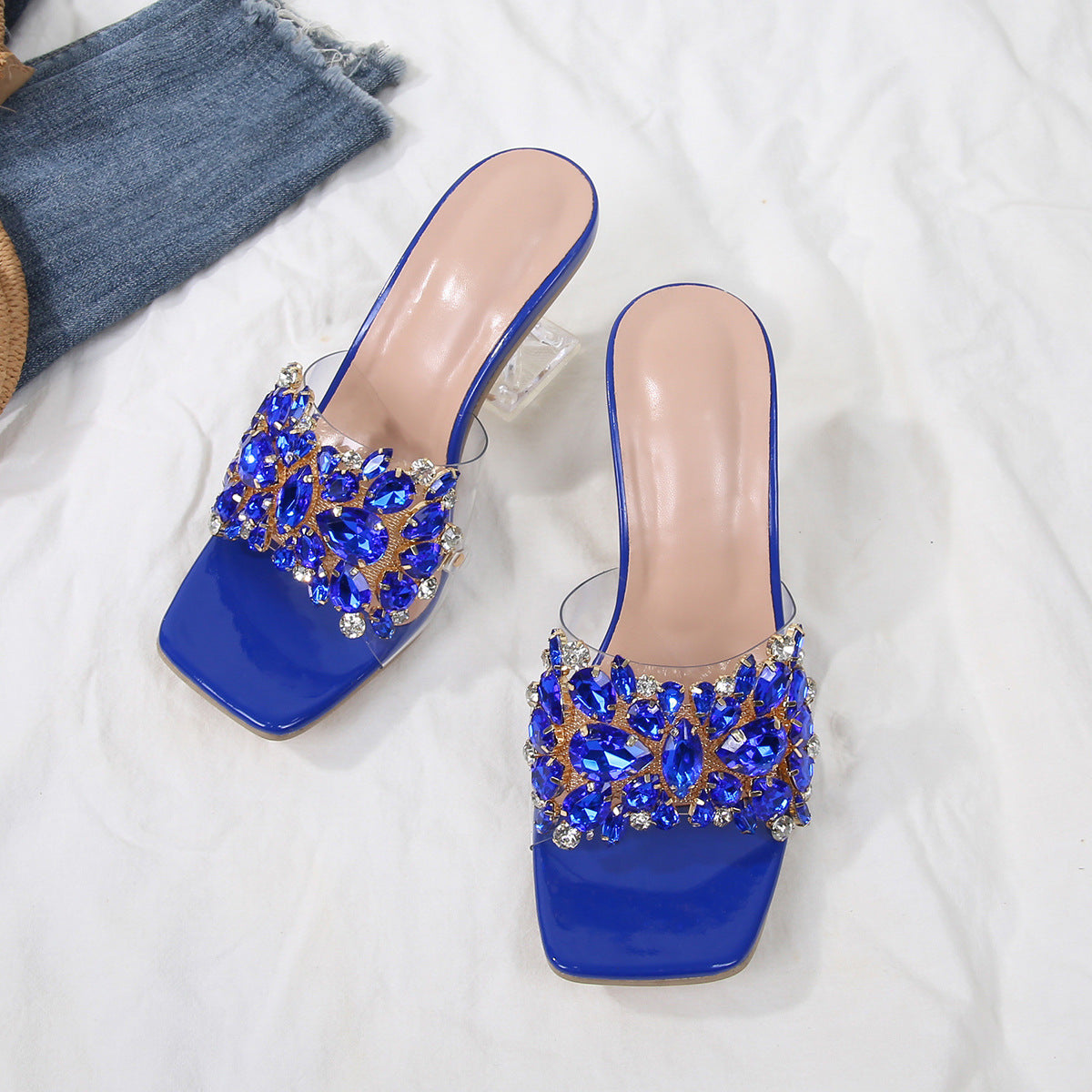 Sparkle Square Toe Clear Heeled Sandals – Rhinestone Embellished Transparent Mules