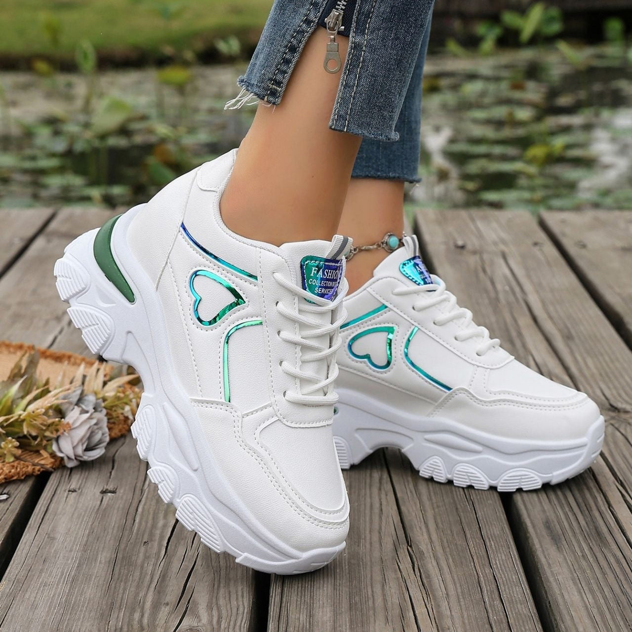 Women's Platform Sneakers Heart Cutout Chunky Dad Shoes