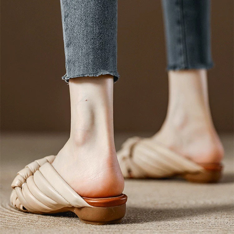 Women's Braided Knot Slide Sandals - Pleated Puffy Strap Low Heel Mules