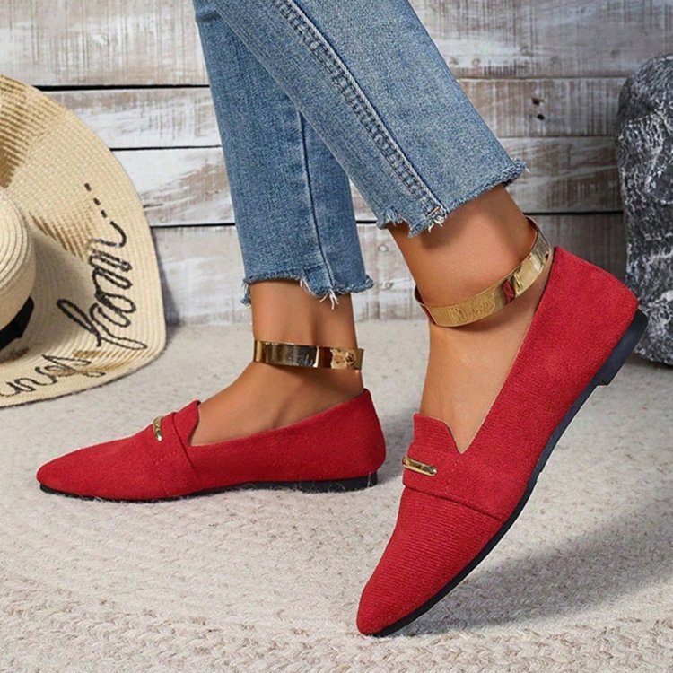 Women's Pointed Toe Loafers with Gold Metal Bar – Suede Ankle Strap Flats Comfortable Slip-On Shoes