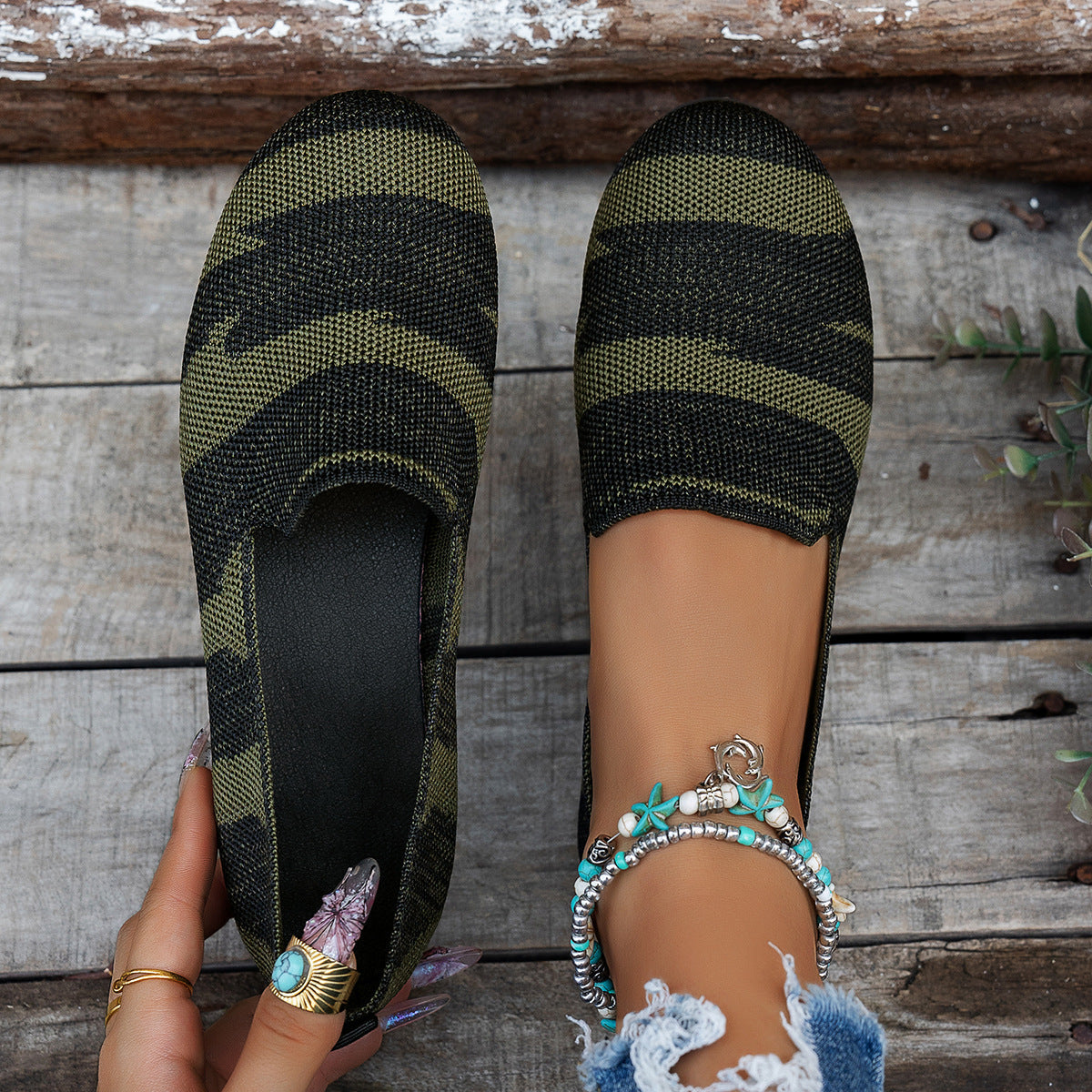 Women's Knit Slip-On Flats - Breathable Casual Camo & Striped Loafers