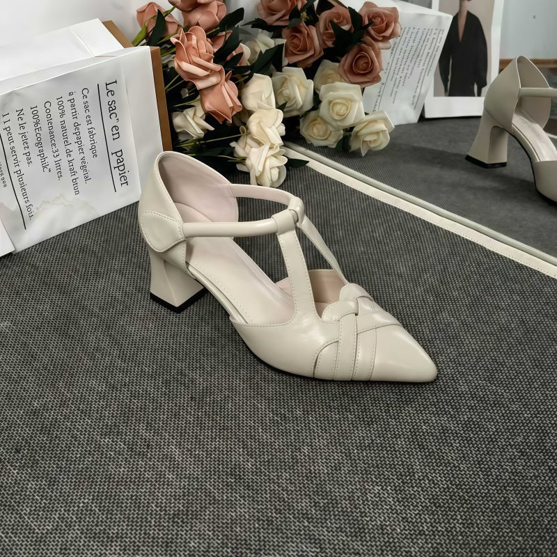 Women's Pointed Toe T-Strap Block Heel Pumps - Braided Dress Shoes