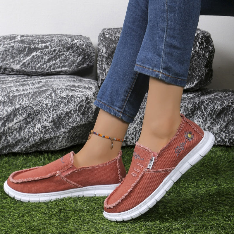 Women's Distressed Canvas Slip-On Loafers - Skateboard Embroidered Casual Shoes