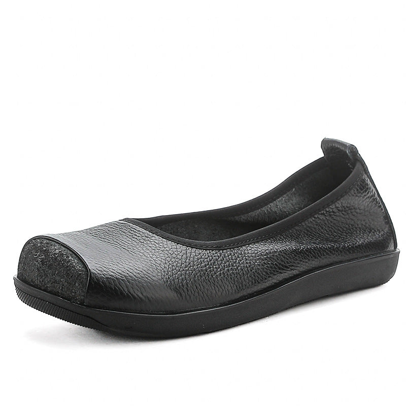 Women's Genuine Cowhide Leather Slip-On Flats - Square Toe Comfort Casual Shoes