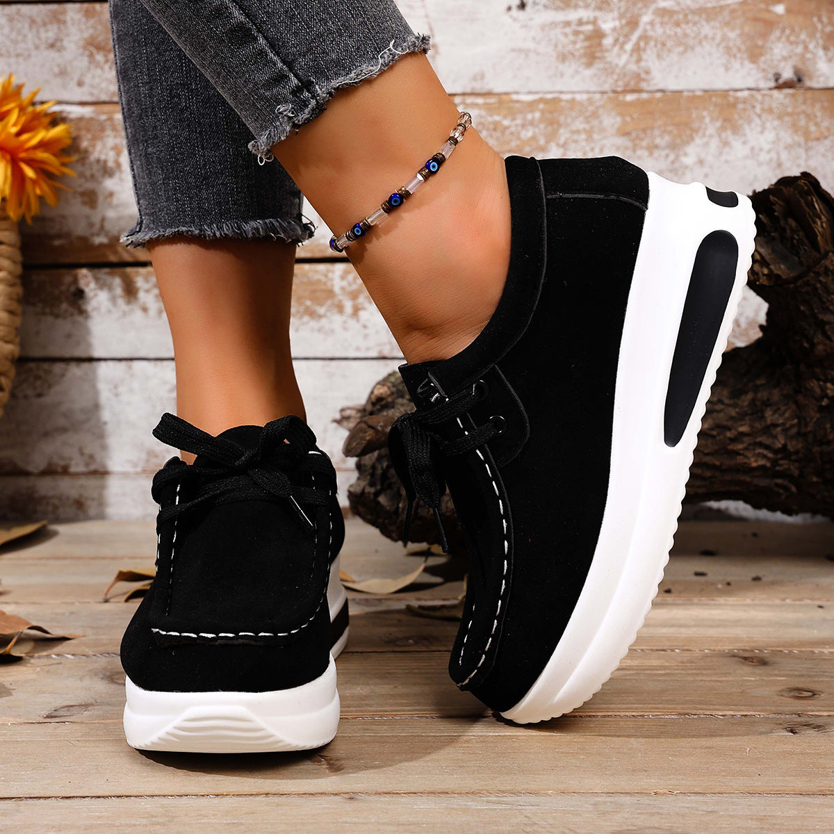 Women's Platform Lace-Up Loafers - Chunky Sole Suede Casual Sneakers