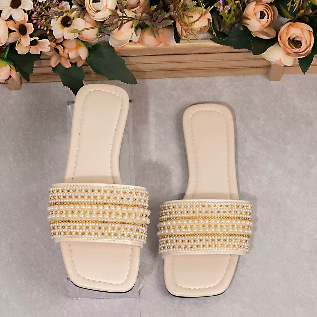 Pearl Rhinestone Embellished Square Toe Slide Sandals – Flat Comfort Mules