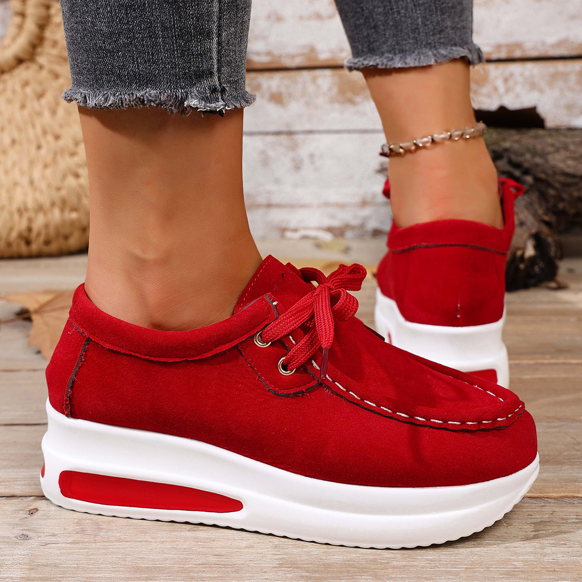 Women's Platform Lace-Up Loafers - Chunky Sole Suede Casual Sneakers