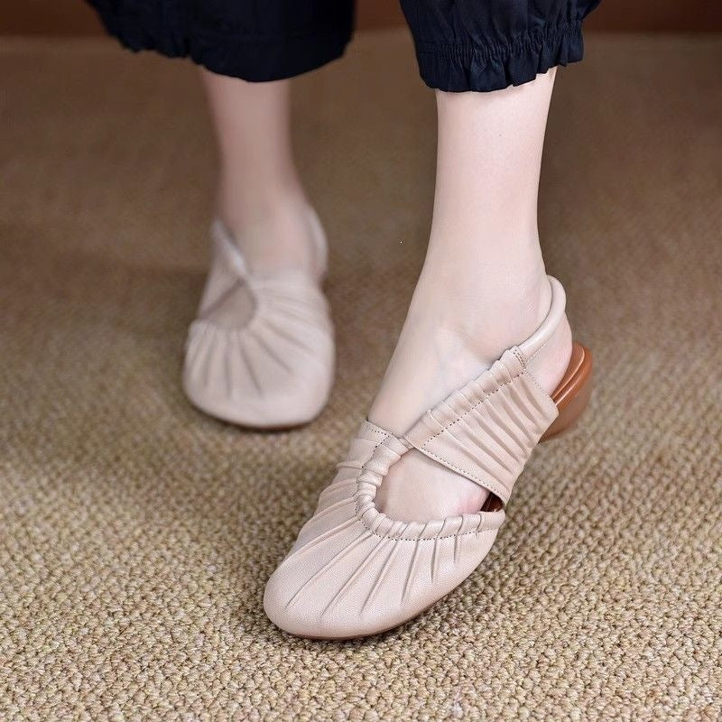 Women's Pleated Leather Slingback Mules - Low Heel Comfort Flats