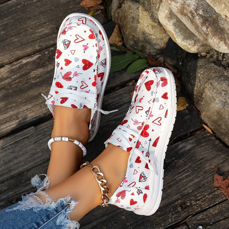 Women's Heart Print Canvas Slip-On Loafers - Casual Comfort Shoes