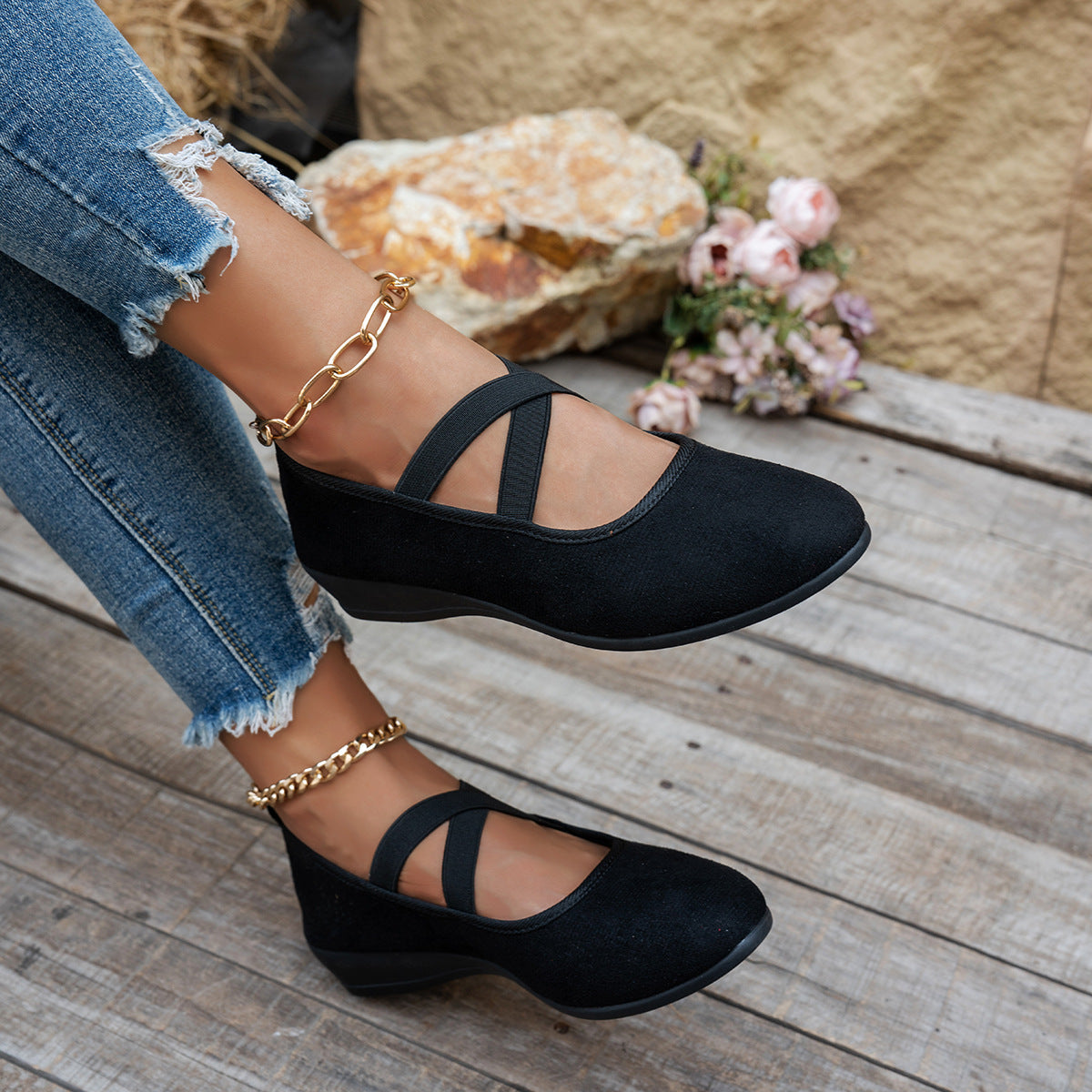 Women's Crisscross Strap Wedge Flats - Comfortable Mary Jane Shoes