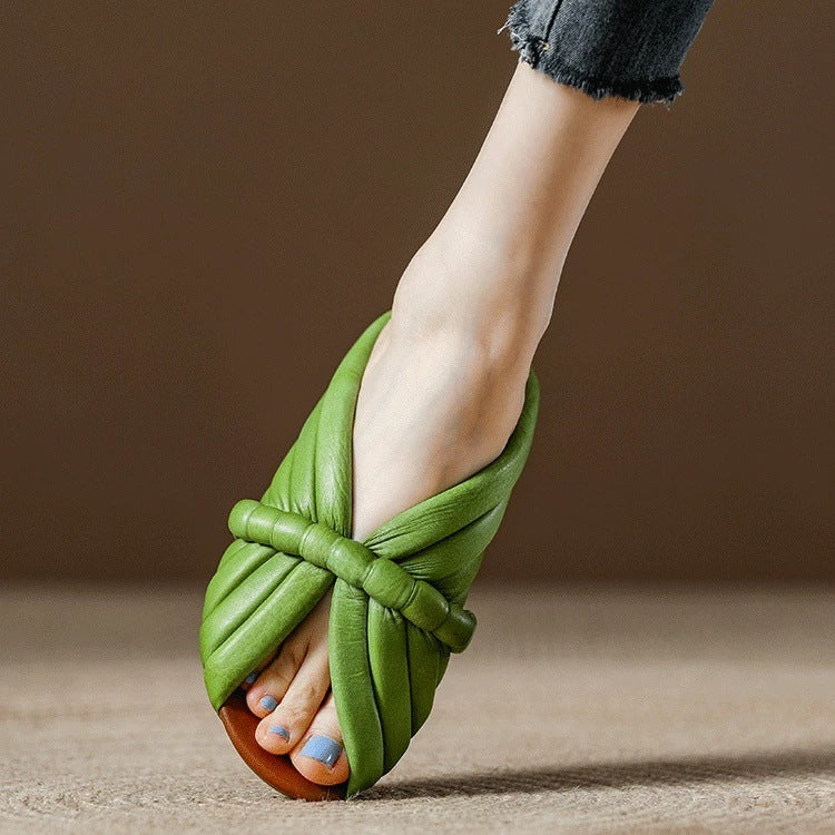 Women's Braided Knot Slide Sandals - Pleated Puffy Strap Low Heel Mules