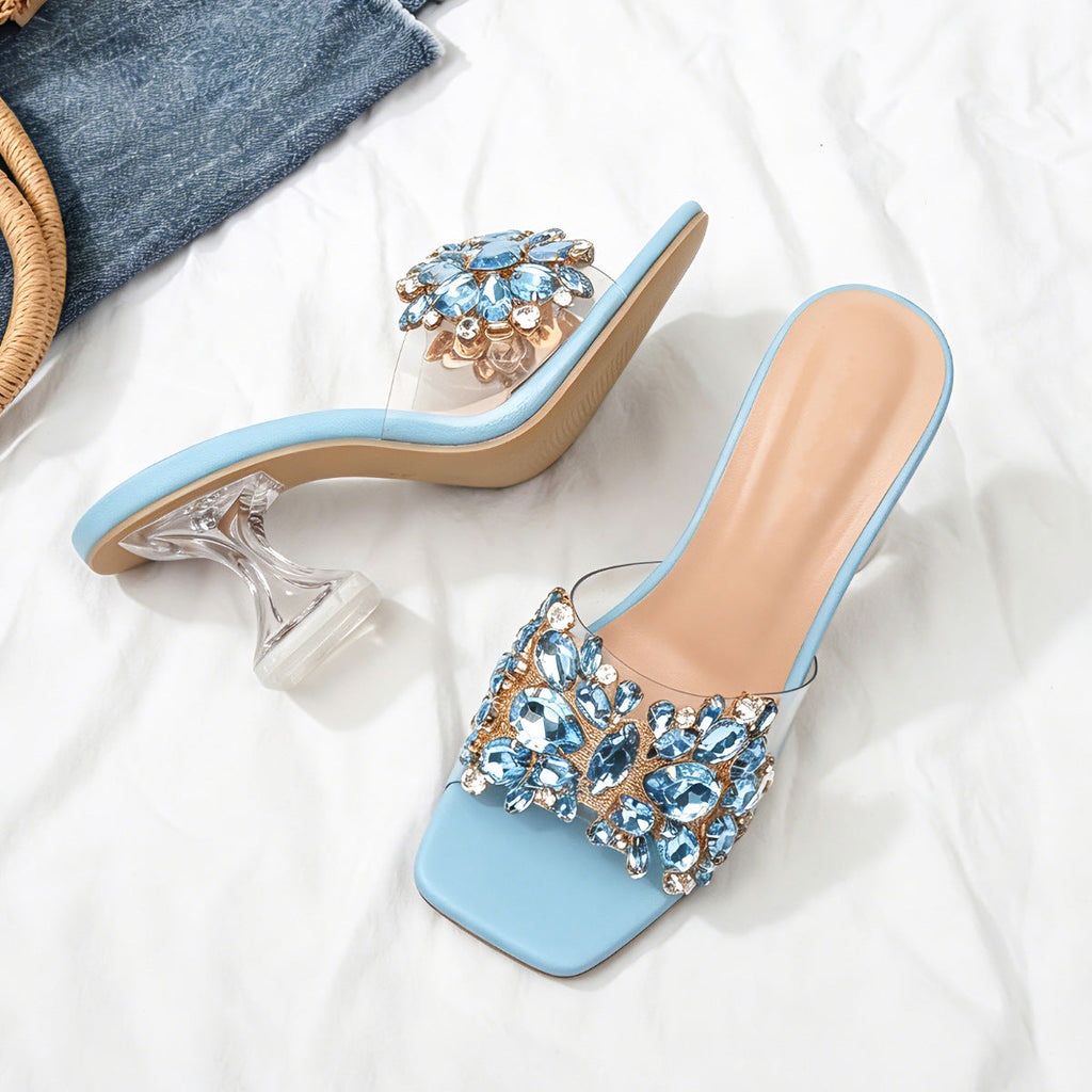 Sparkle Square Toe Clear Heeled Sandals – Rhinestone Embellished Transparent Mules