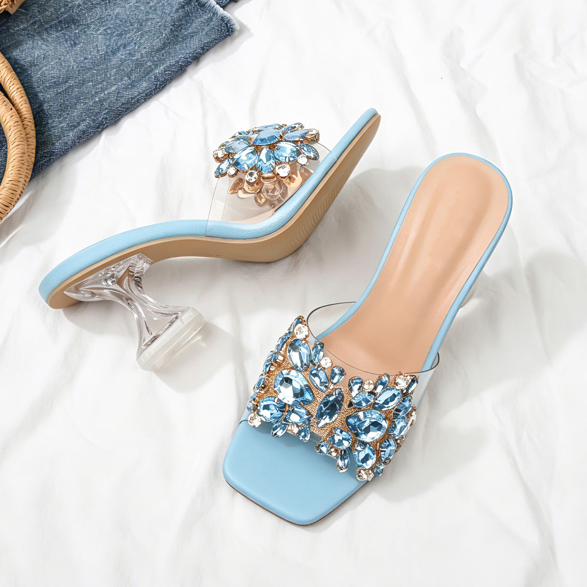 Sparkle Square Toe Clear Heeled Sandals – Rhinestone Embellished Transparent Mules
