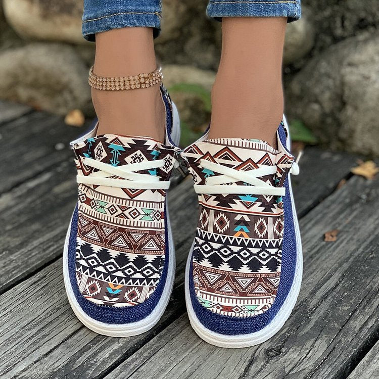 Women's Ethnic Aztec Canvas Sneakers - Tribal Print Casual Slip-On Shoes