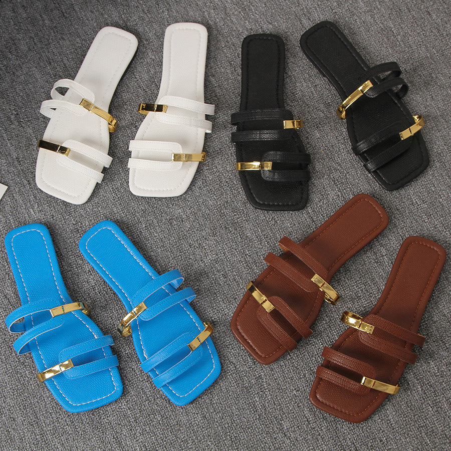 Women's Square Toe Strappy Slide Sandals with Gold Metal Accents – Comfortable Flat Summer Shoes