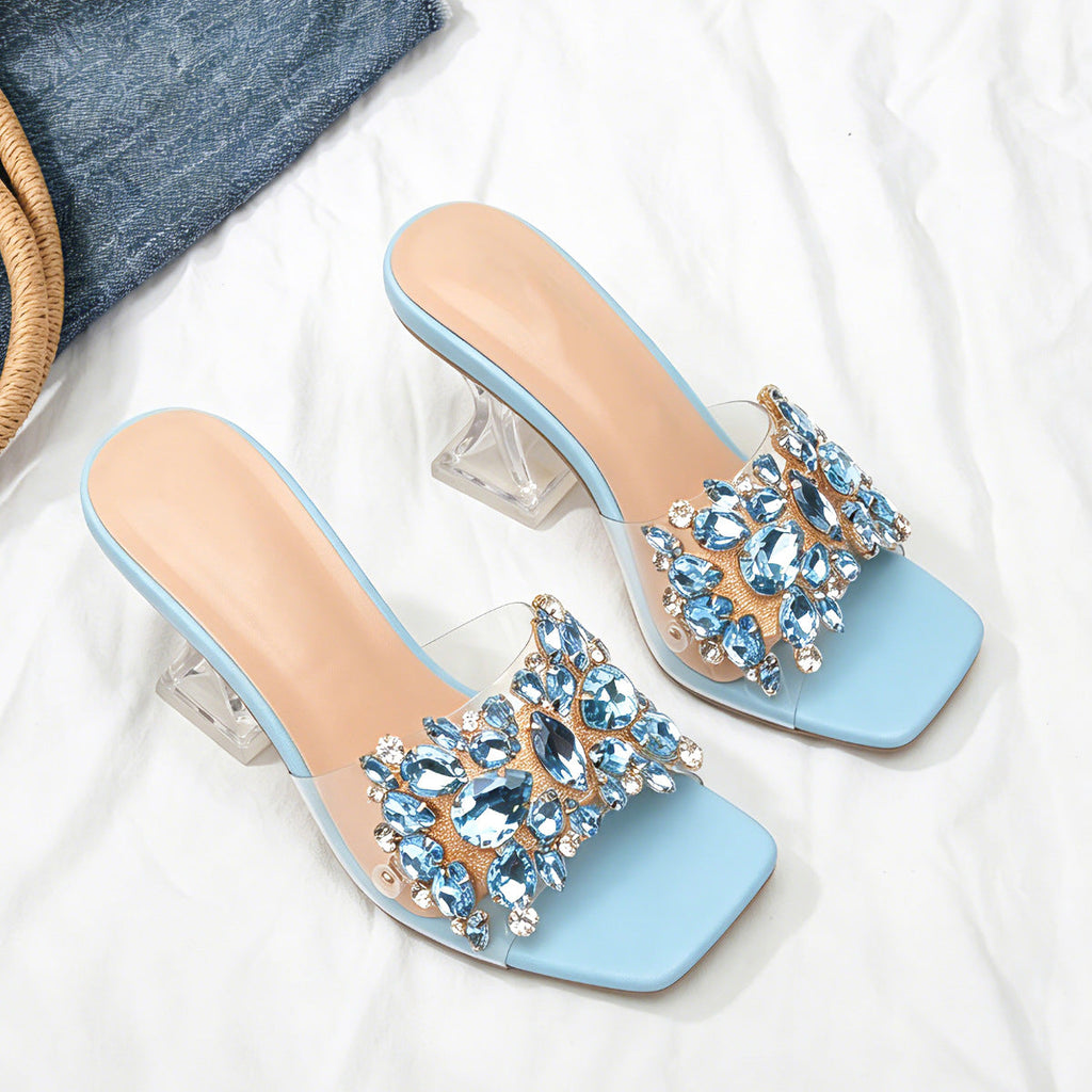 Sparkle Square Toe Clear Heeled Sandals – Rhinestone Embellished Transparent Mules