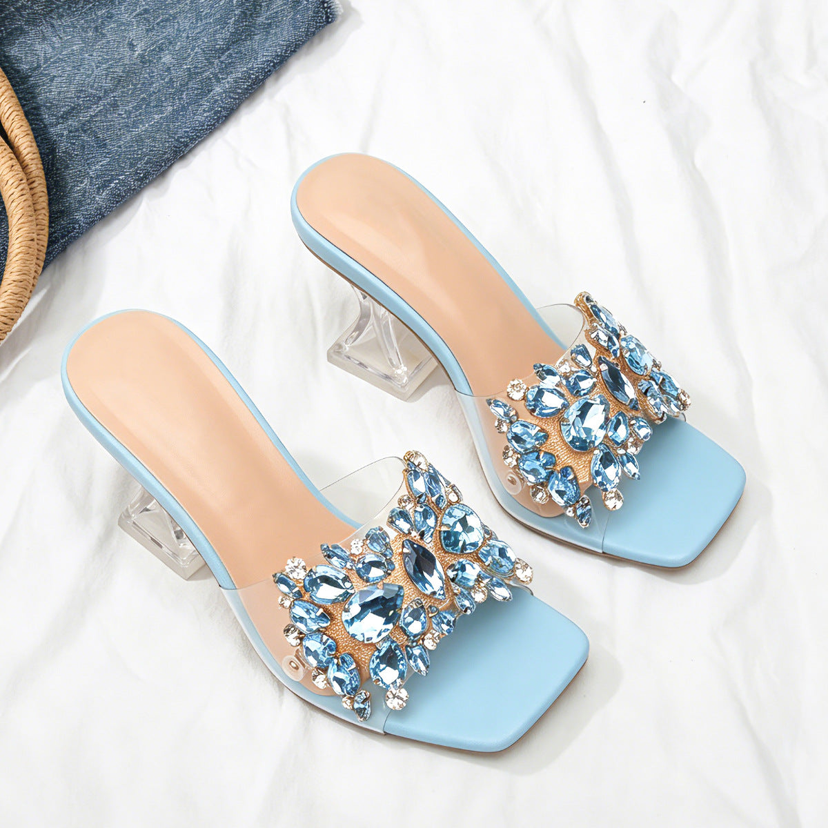 Sparkle Square Toe Clear Heeled Sandals – Rhinestone Embellished Transparent Mules