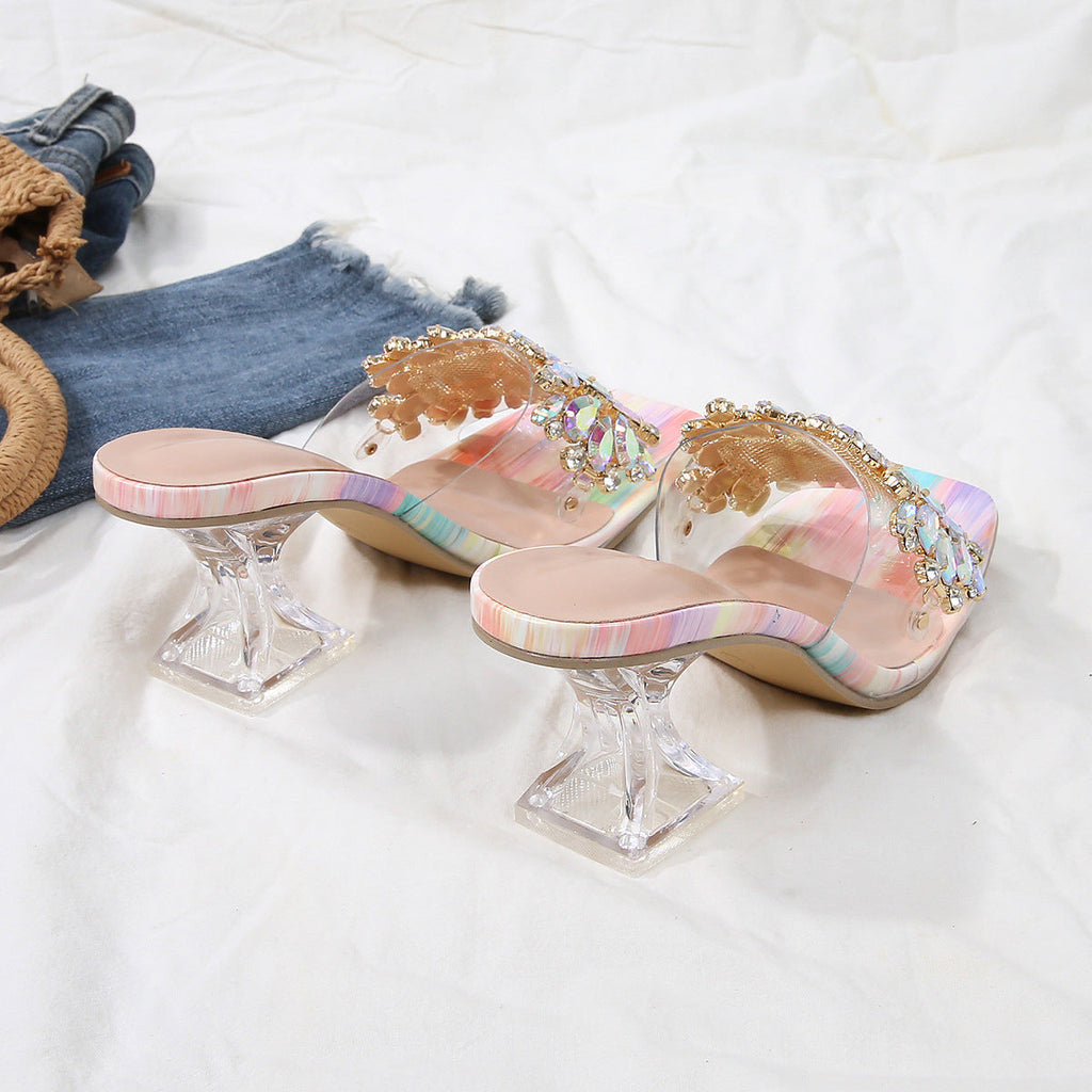 Sparkle Square Toe Clear Heeled Sandals – Rhinestone Embellished Transparent Mules