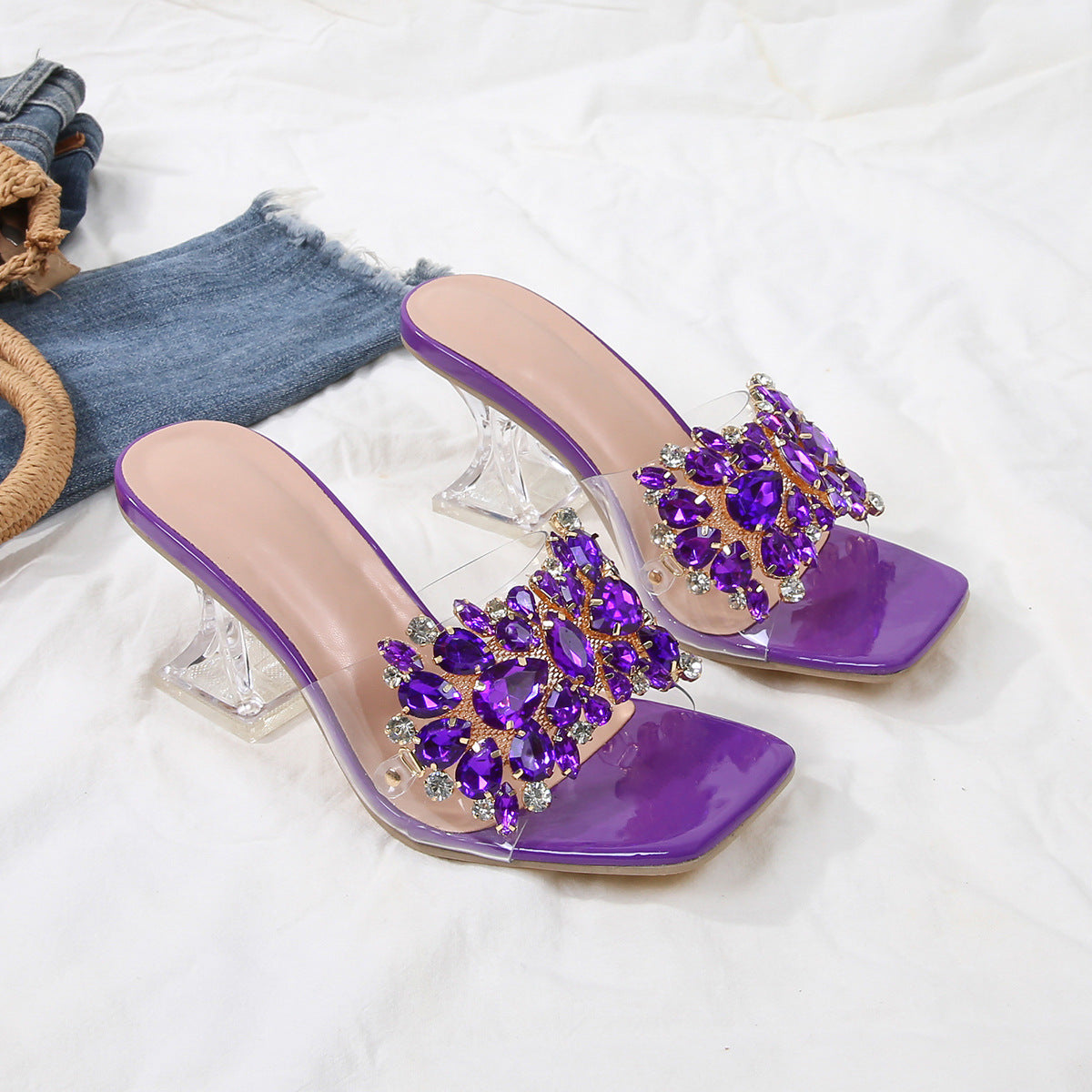 Sparkle Square Toe Clear Heeled Sandals – Rhinestone Embellished Transparent Mules