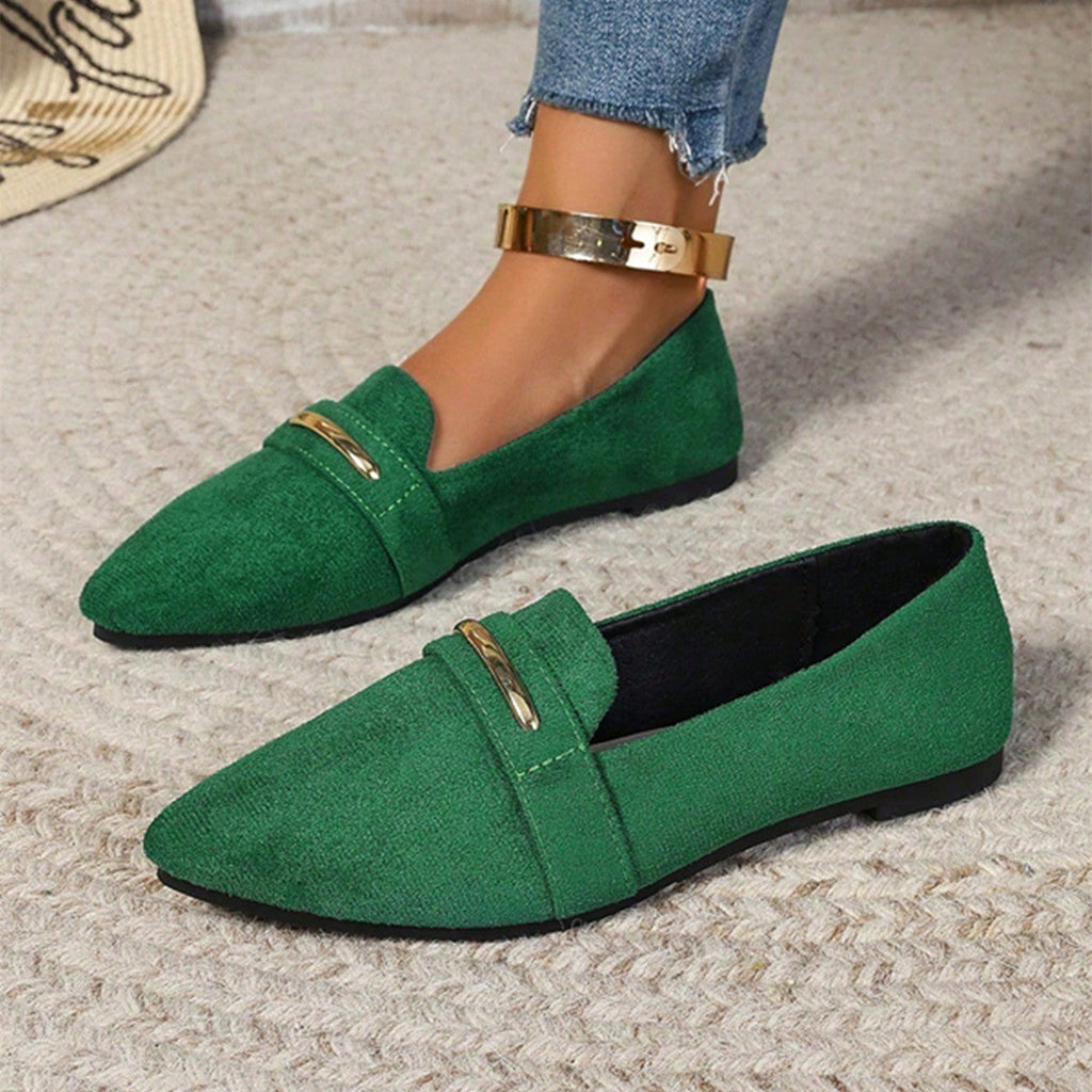 Women's Pointed Toe Loafers with Gold Metal Bar – Suede Ankle Strap Flats Comfortable Slip-On Shoes