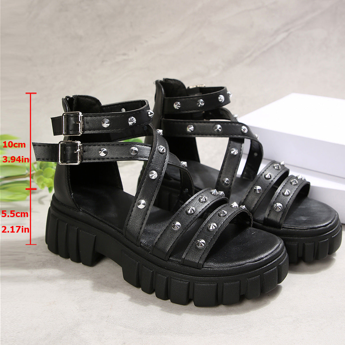 Women's Studded Platform Chunky Sandals - Strappy Buckle Gladiator Heels