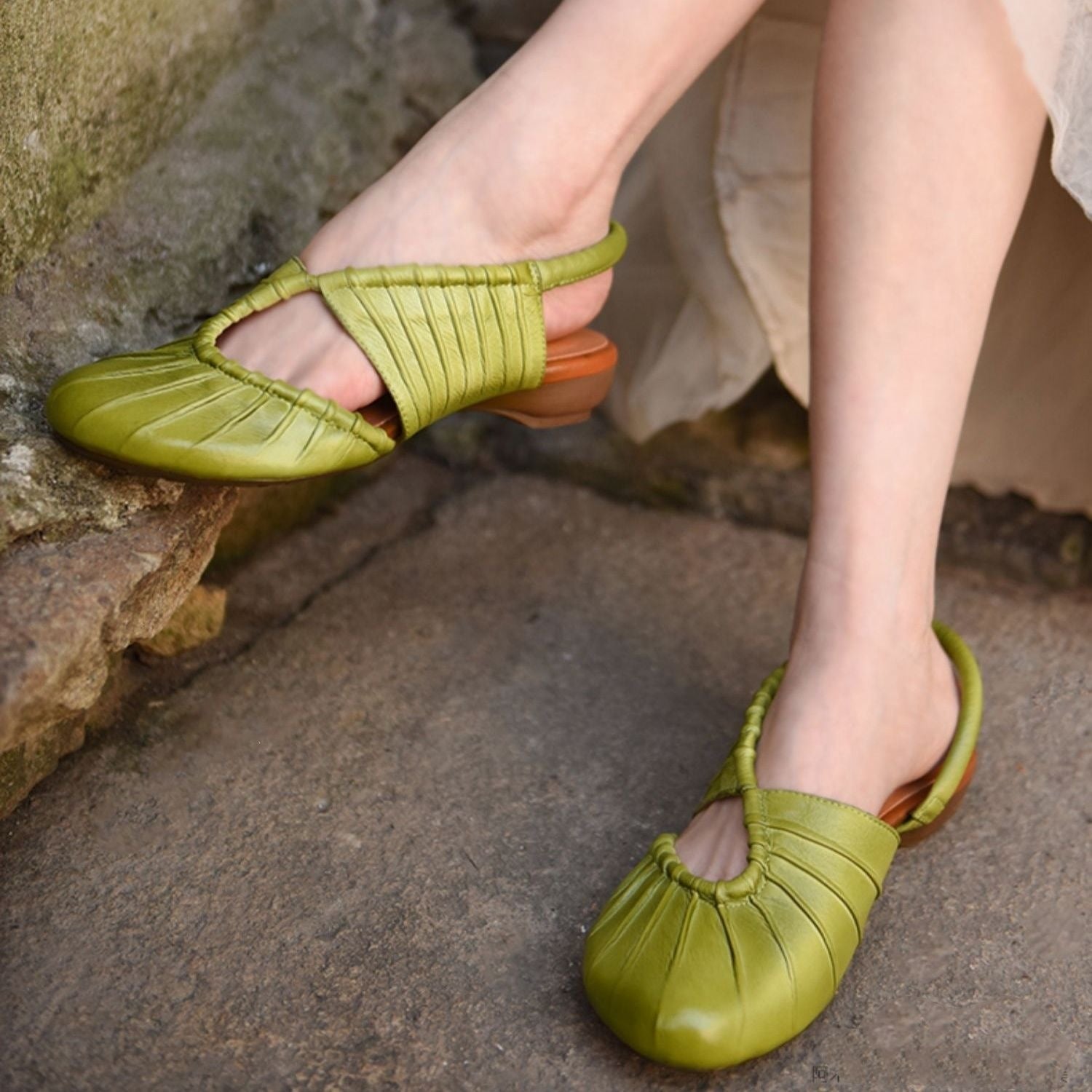 Women's Pleated Leather Slingback Mules - Low Heel Comfort Flats