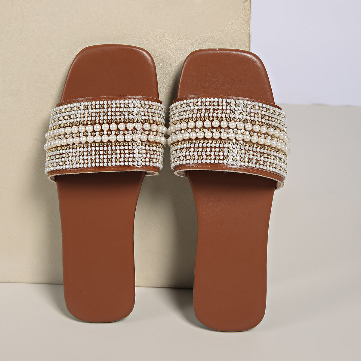 Pearl Rhinestone Embellished Square Toe Slide Sandals – Flat Comfort Mules