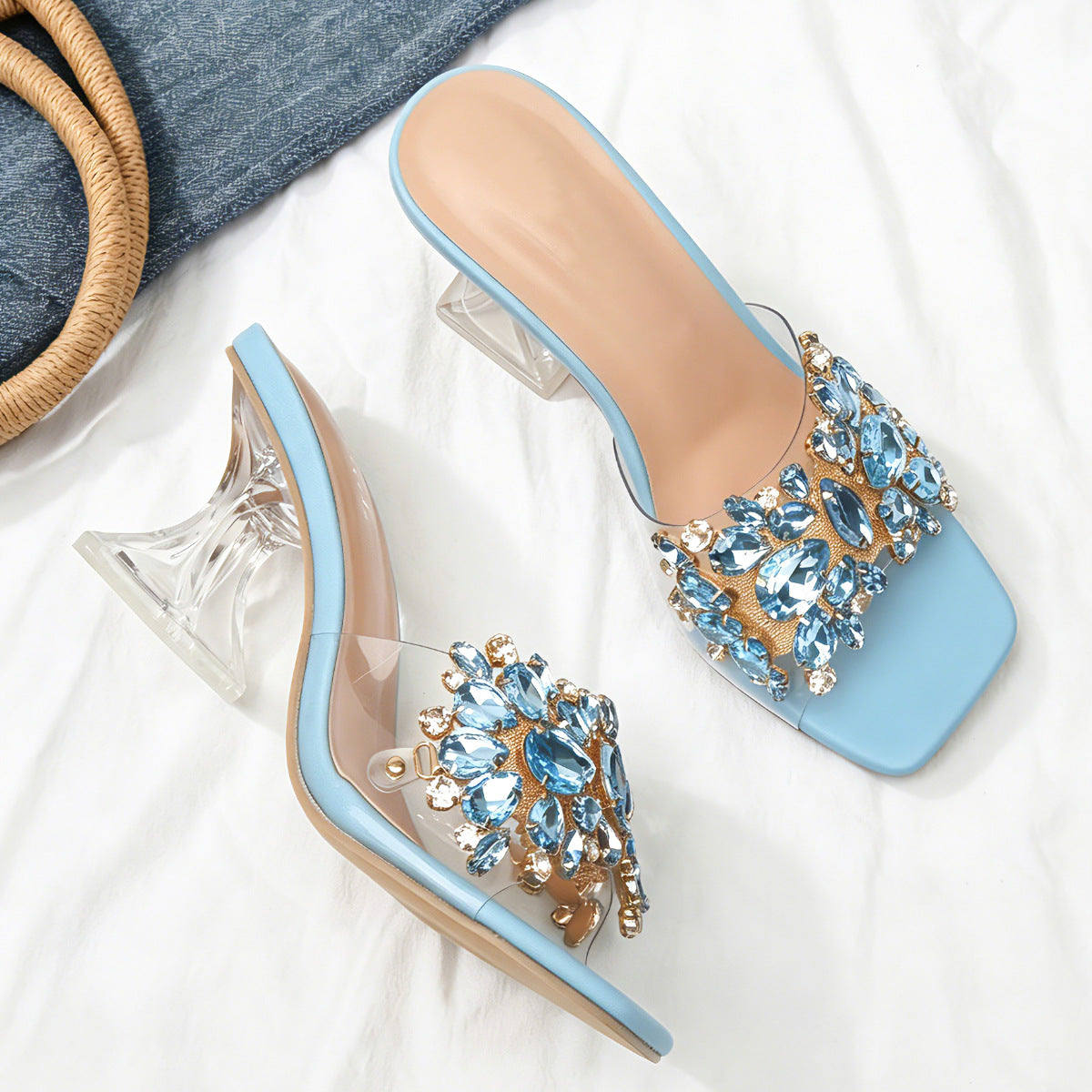 Sparkle Square Toe Clear Heeled Sandals – Rhinestone Embellished Transparent Mules