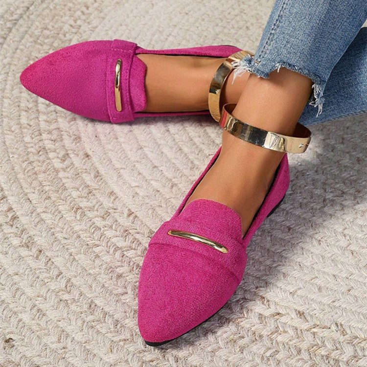Women's Pointed Toe Loafers with Gold Metal Bar – Suede Ankle Strap Flats Comfortable Slip-On Shoes