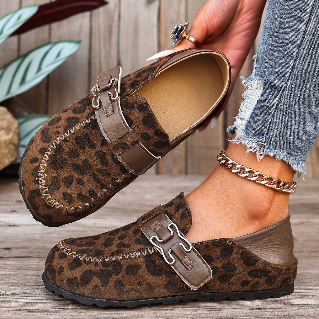 Women's Suede Buckle Mule Loafers - Leopard Print & Solid Casual Slip-On Shoes