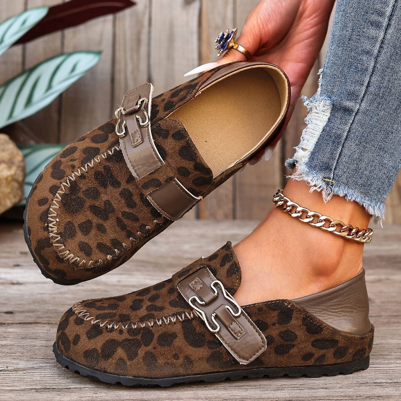 Women's Suede Buckle Mule Loafers - Leopard Print & Solid Casual Slip-On Shoes