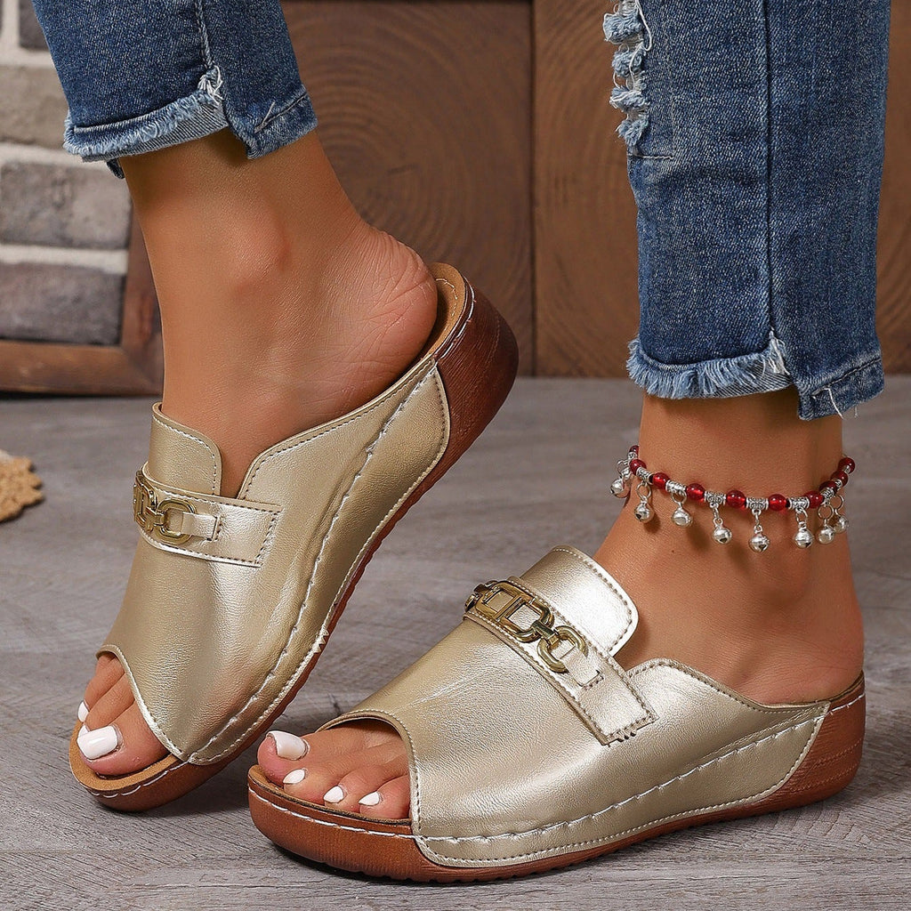 Peep Toe Wedge Mules with Chain Detail – Women's Platform Slip-On Sandals