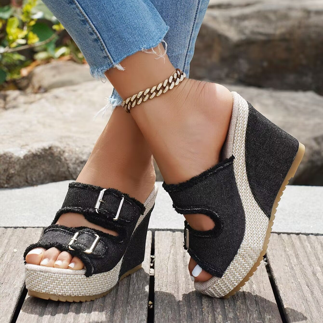 Women's Denim Wedge Platform Sandals Frayed Buckle Strap Espadrille Mules