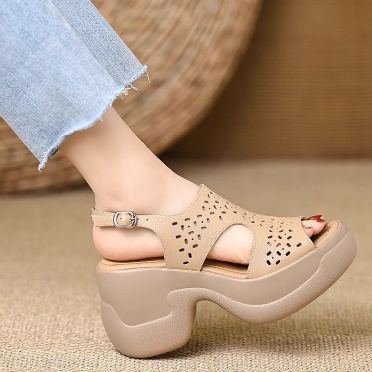 Women's 6CM Platform Chunky Heel Sandals - Perforated Cutout Open Toe Slingback Shoes with Ankle Strap