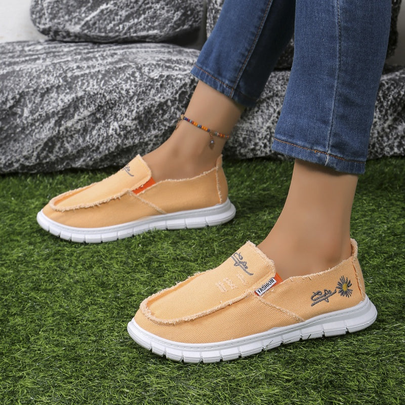 Women's Distressed Canvas Slip-On Loafers - Skateboard Embroidered Casual Shoes