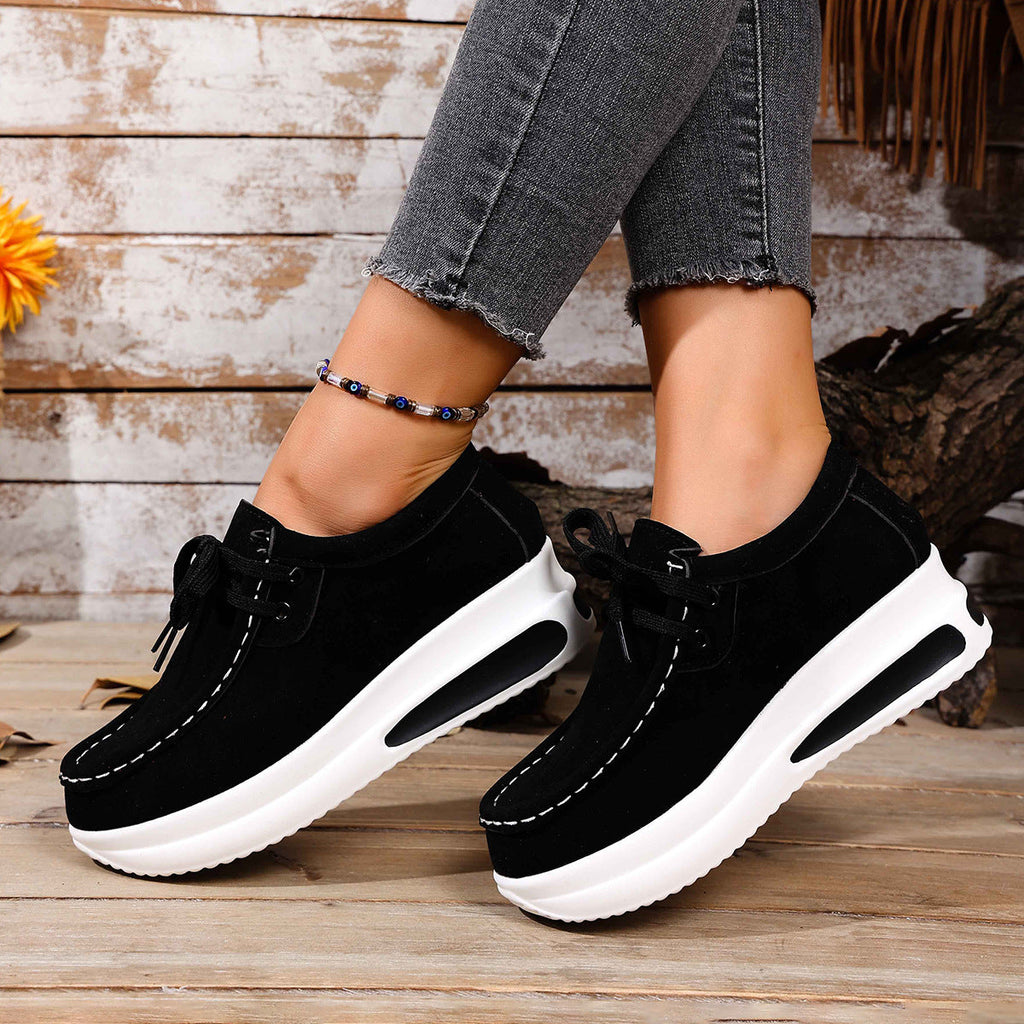 Women's Platform Lace-Up Loafers - Chunky Sole Suede Casual Sneakers