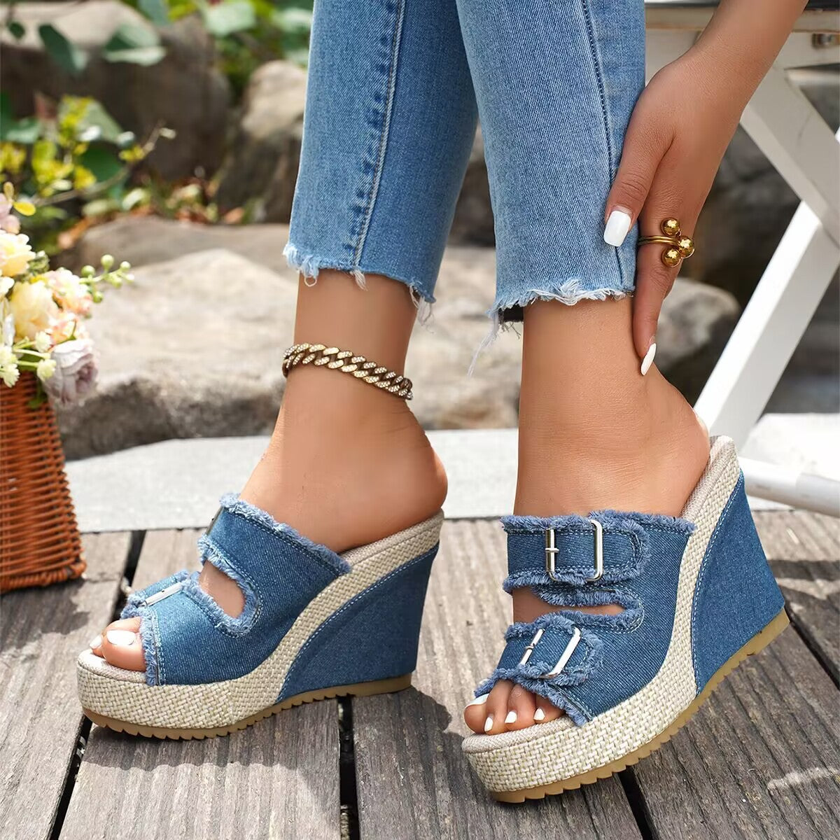 Women's Denim Wedge Platform Sandals Frayed Buckle Strap Espadrille Mules
