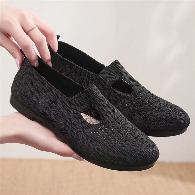 Women's Breathable Knit Slip-On Flats with Cutout Detail - Lightweight Casual Shoes